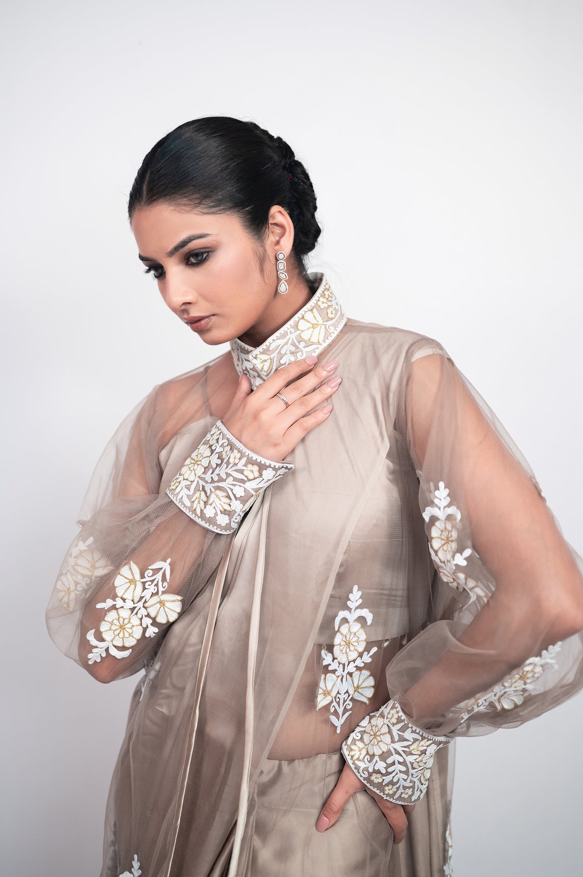 Saaya-e-Noor | Taupe Embroidered Draped Saree With Jacket
