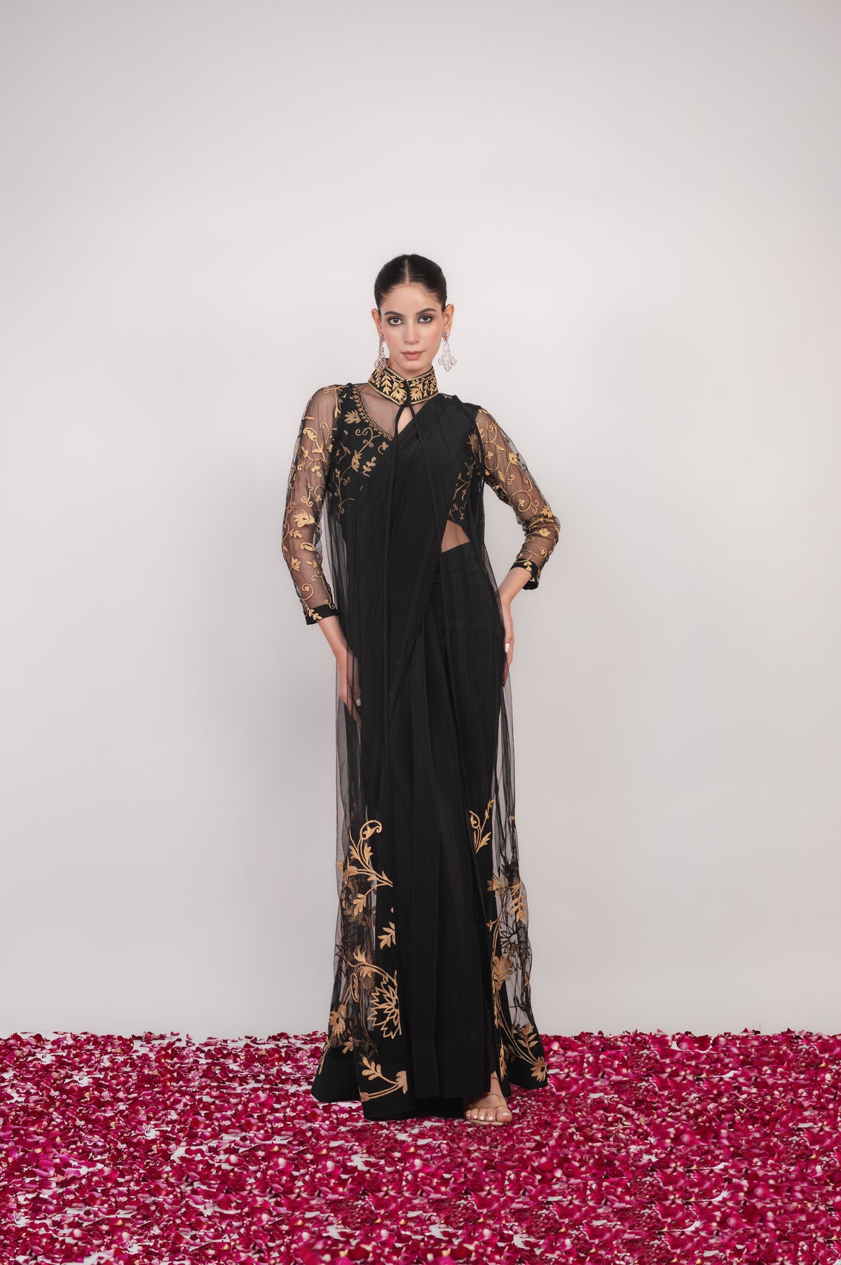Tilla-e-Shab | Carbon Black Embroidered Saree With Jacket