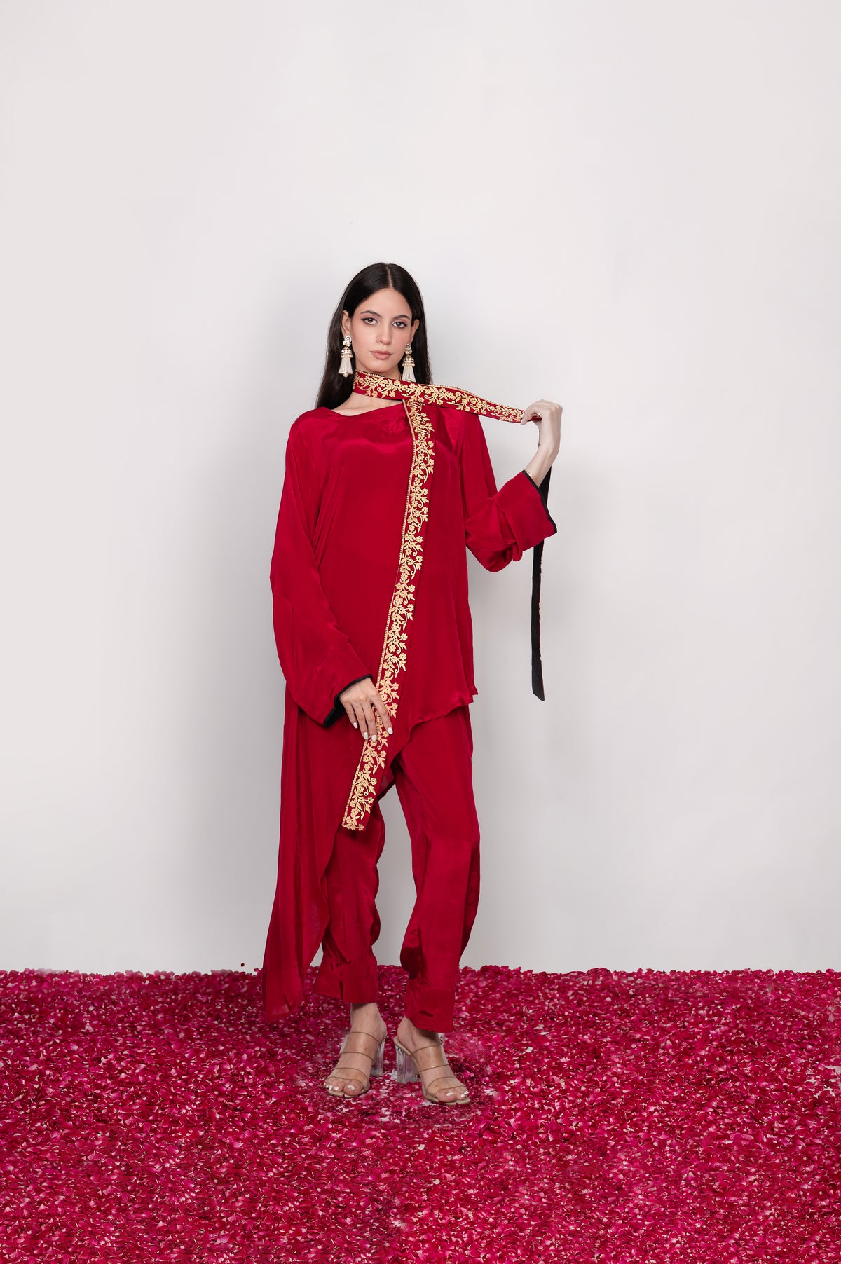 Surkh-e-Shaam | Maroon Embroidered Asymmetric Co-ord Set