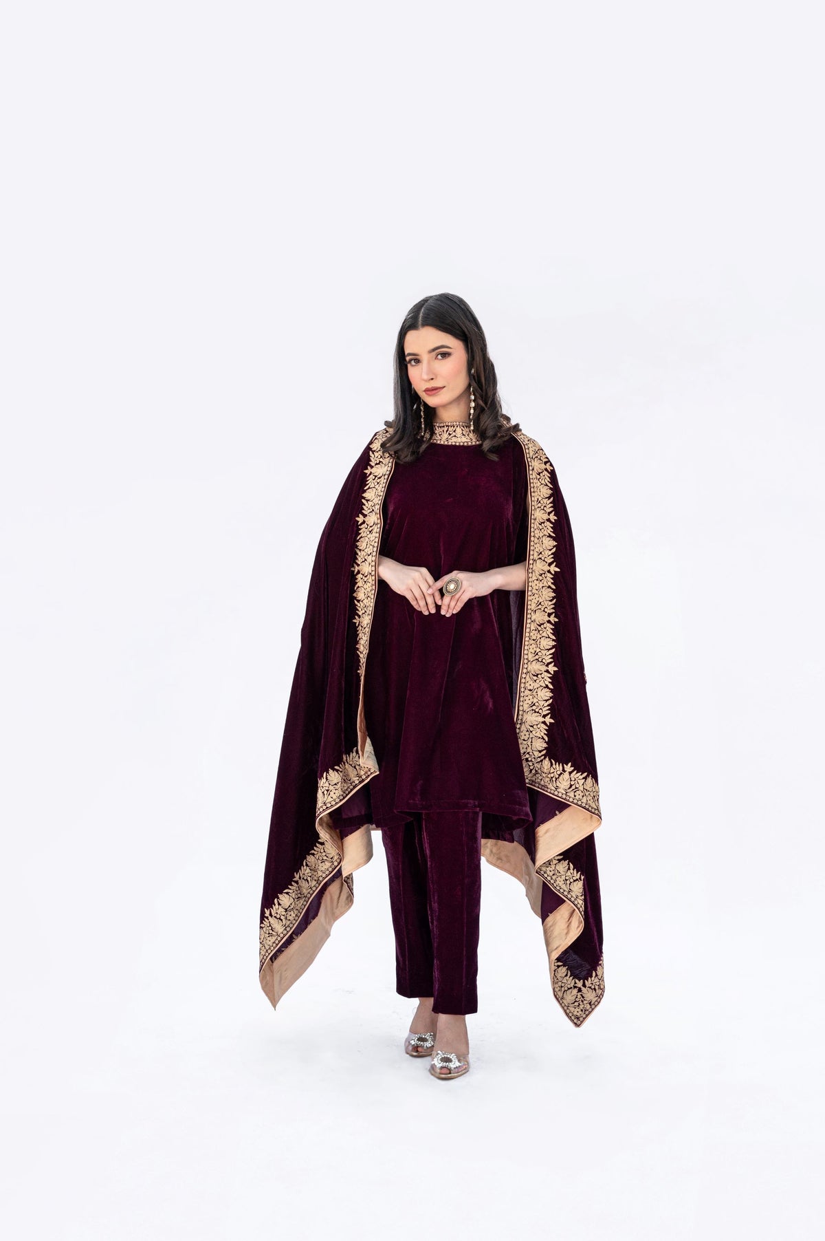 Wine velvet cape set