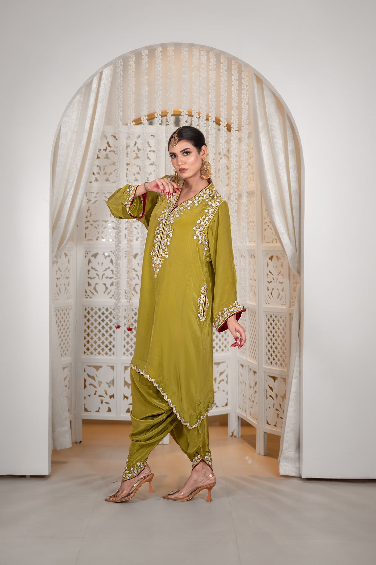 Gulnaar | Mehendi Green Embroidered Pheran with Dhoti Pants