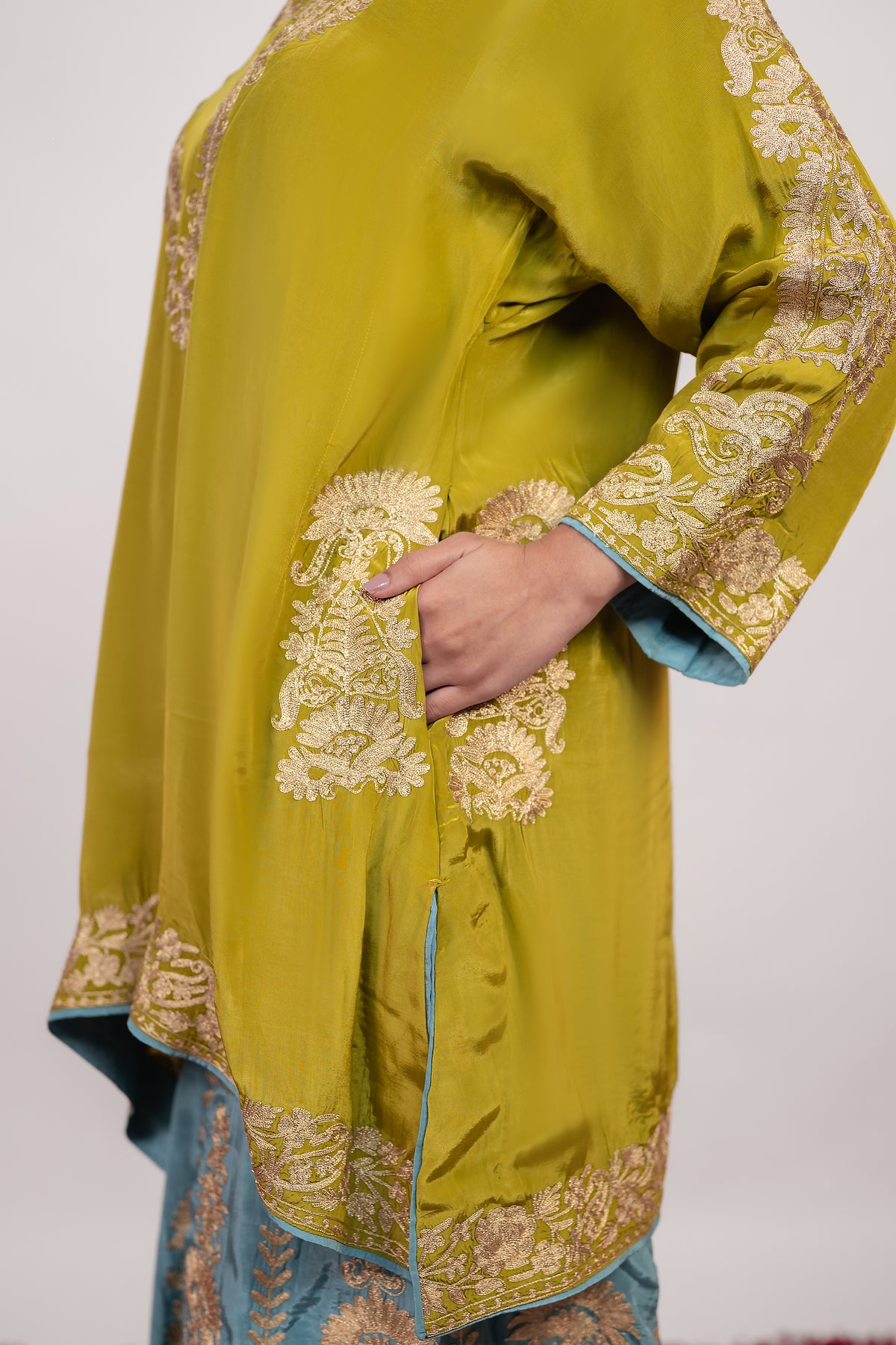 Rang-e-Shafaq | Green Blue Double Colour Embroidered Sharara Suit