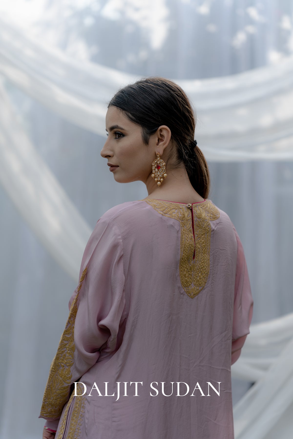 Pink Crepe Long Yolk Tilla Suit