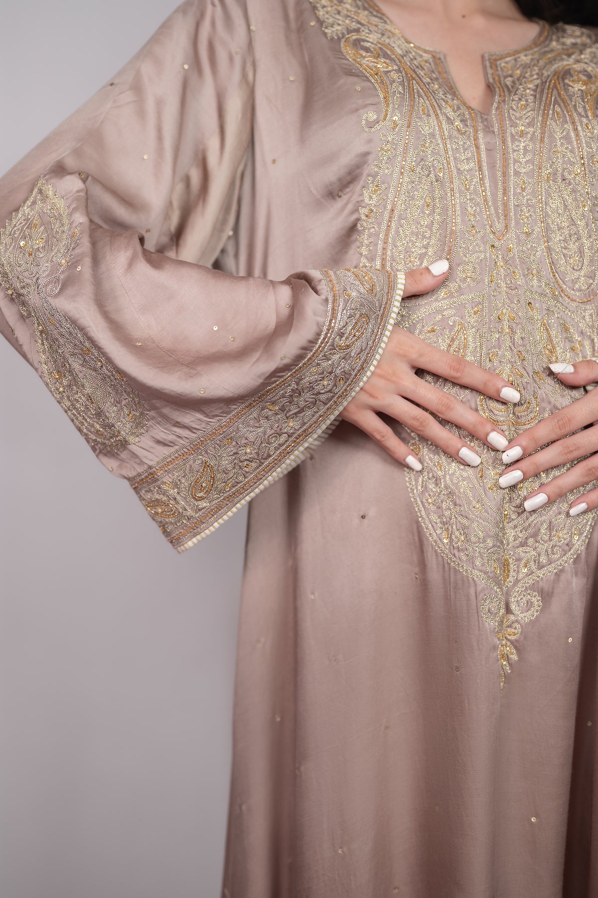 Gul-e-Shaam | Taupe Kashmiri Embroidered Kaftan
