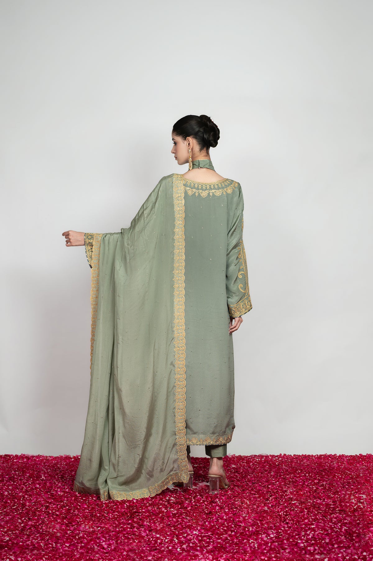 Saba-e-Shaam | Powder Grey Mukaish Embroidered Suit