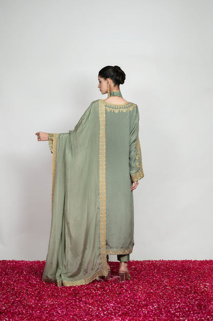 Saba-e-Shaam | Powder Grey Mukaish Embroidered Suit