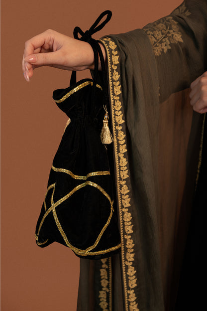 Black velvet cutwork aari tilla suit