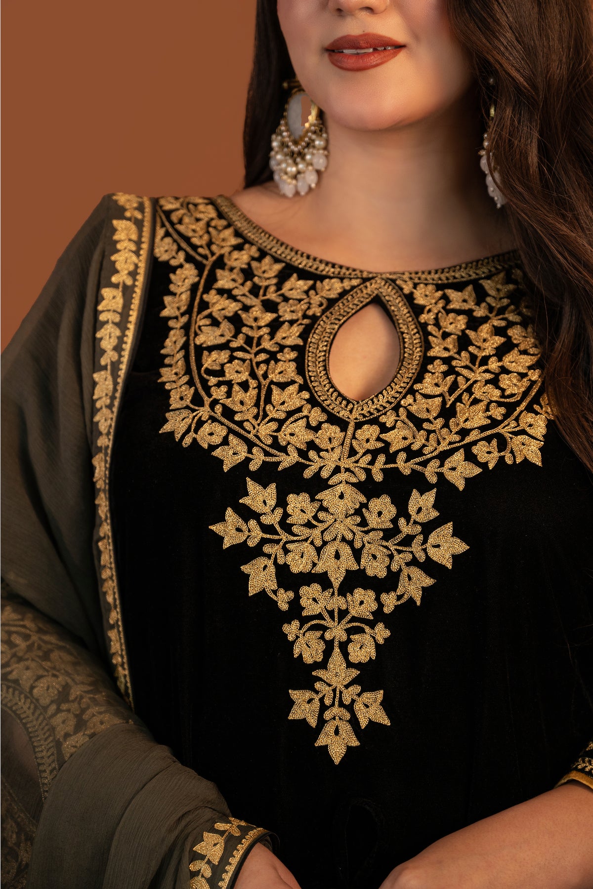 Black velvet cutwork aari tilla suit