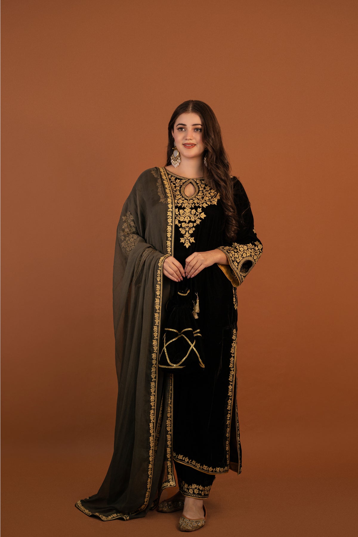 Black velvet cutwork aari tilla suit