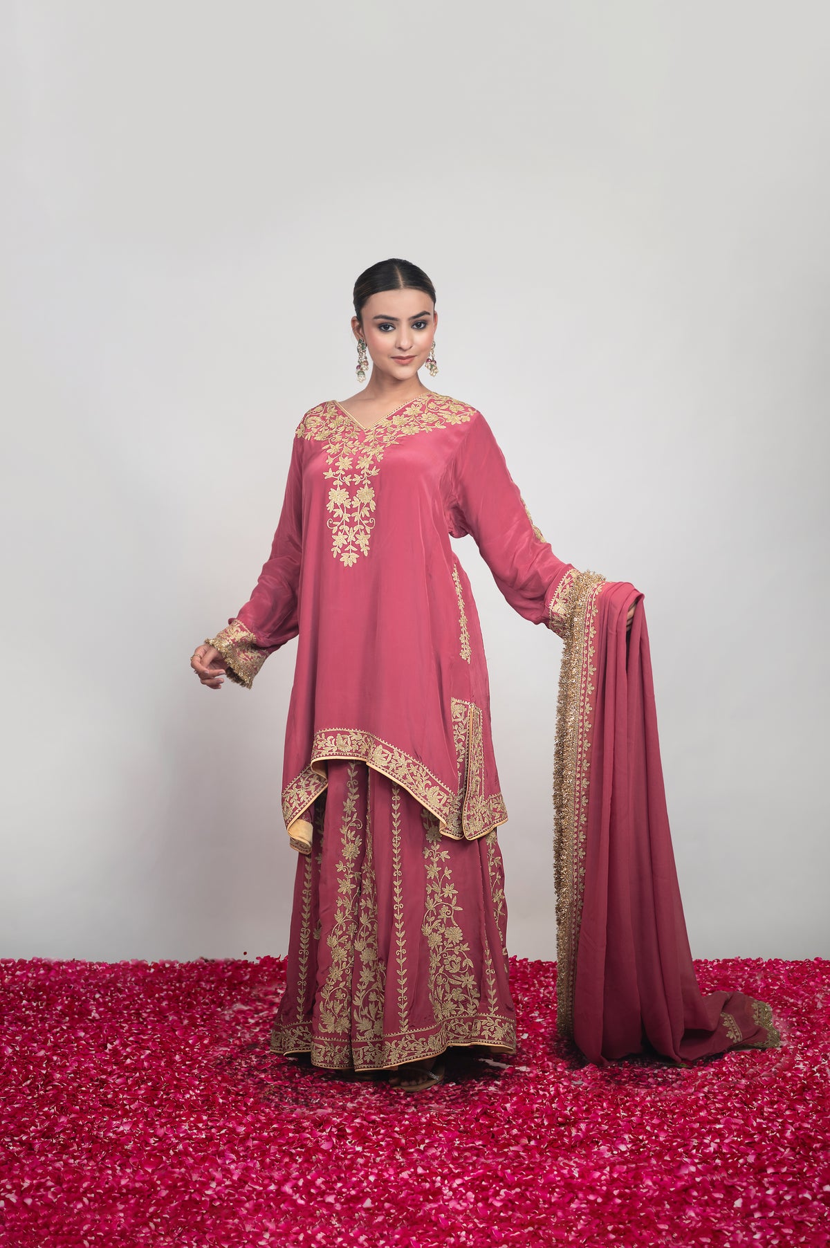 Bhag-e-Shab | Dusty Pink Embroidered Sharara Suit