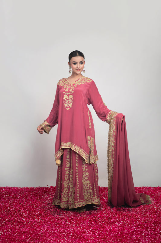 Bhag-e-Shab | Dusty Pink Embroidered Sharara Suit
