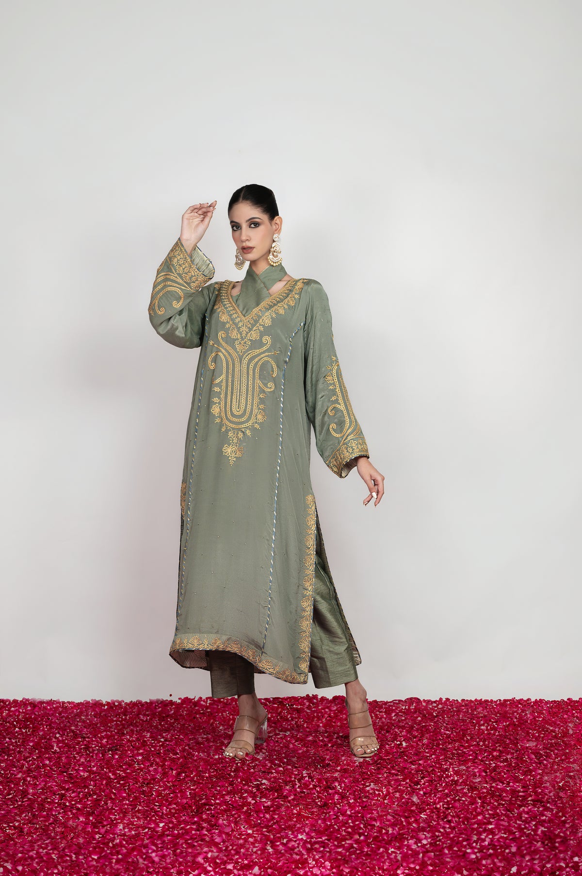 Saba-e-Shaam | Powder Grey Mukaish Embroidered Suit