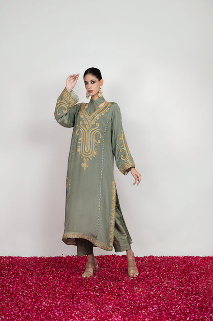 Saba-e-Shaam | Powder Grey Mukaish Embroidered Suit
