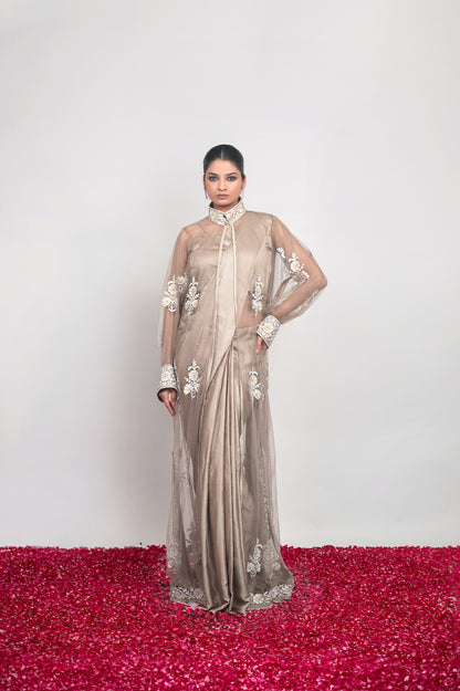 Saaya-e-Noor | Taupe Embroidered Draped Saree With Jacket