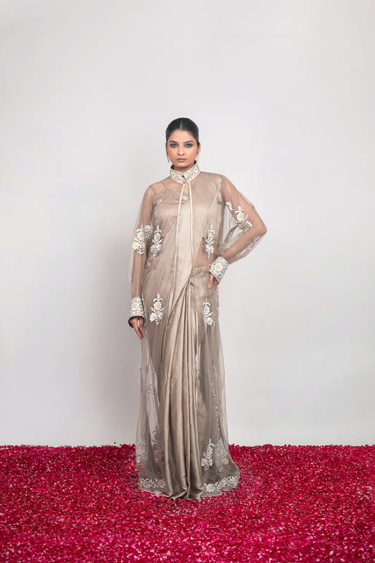 Saaya-e-Noor | Taupe Embroidered Draped Saree With Jacket