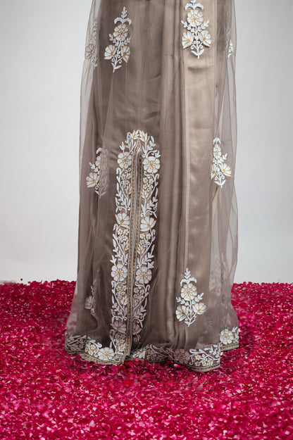 Saaya-e-Noor | Taupe Embroidered Draped Saree With Jacket