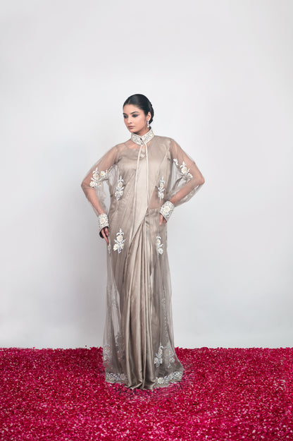 Saaya-e-Noor | Taupe Embroidered Draped Saree With Jacket