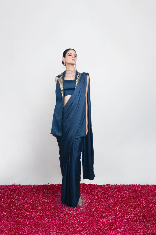 Neel-e-Shab | Navy Blue Embroidered Draped Saree