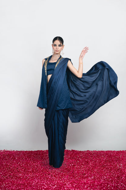 Neel-e-Shab | Navy Blue Embroidered Draped Saree