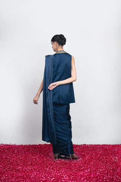 Neel-e-Shab | Navy Blue Embroidered Draped Saree