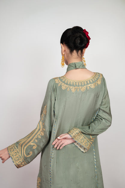 Saba-e-Shaam | Powder Grey Mukaish Embroidered Suit