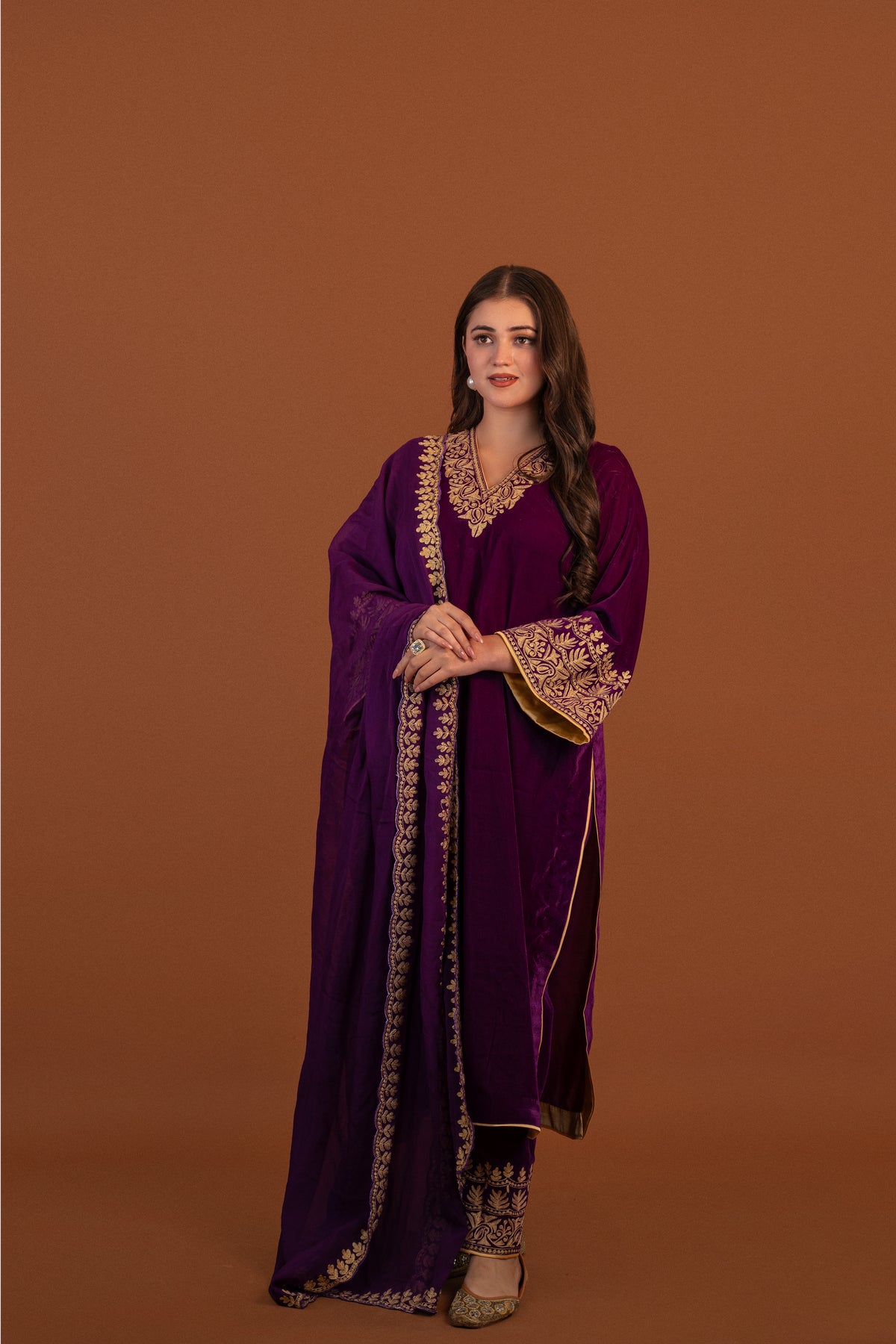 Purple velvet aari tilla suit