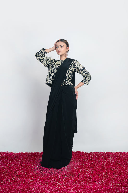 Shab-e-Gul | Noir Black Satin Embroidered Draped Saree