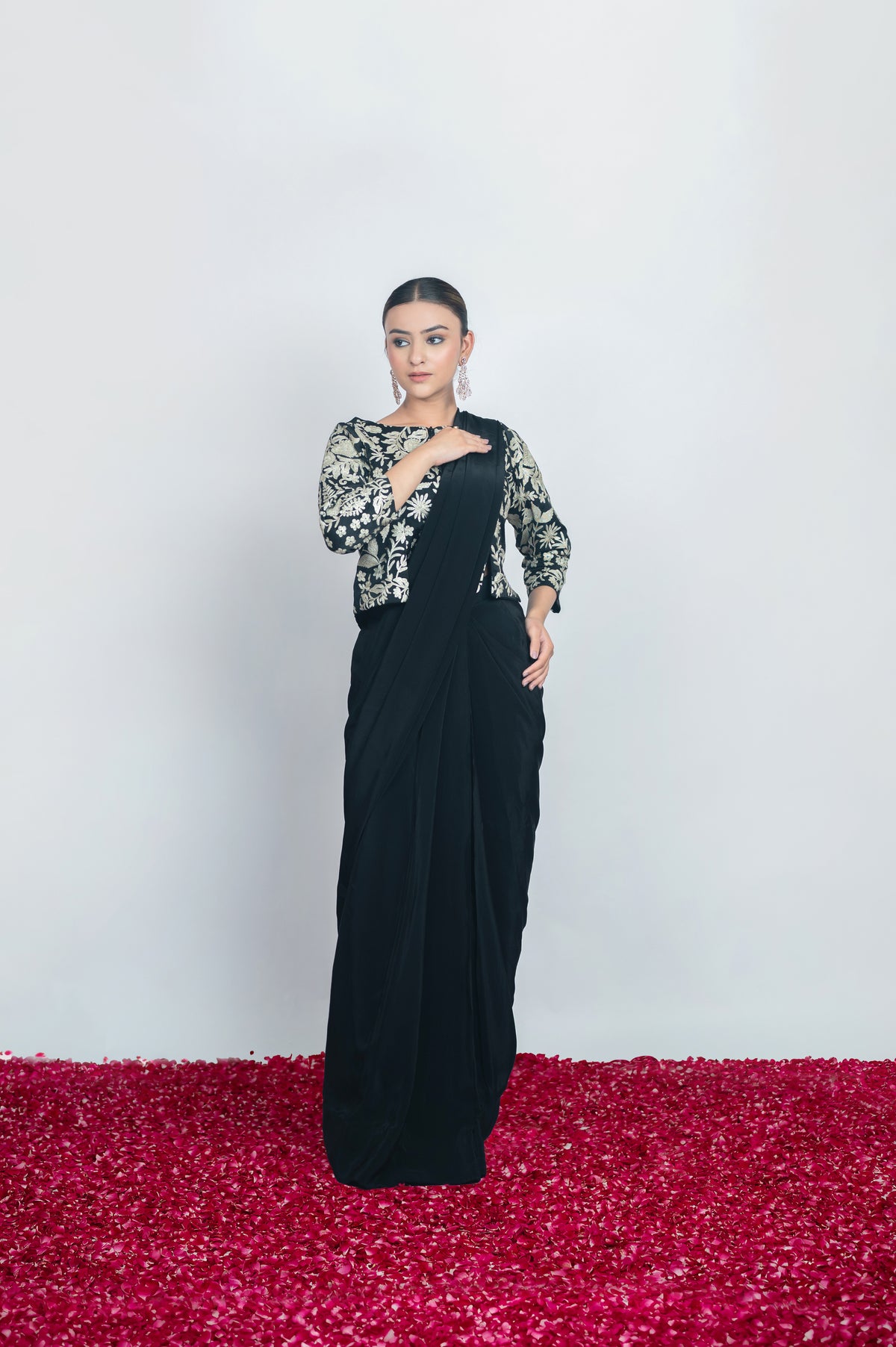Shab-e-Gul | Noir Black Satin Embroidered Draped Saree
