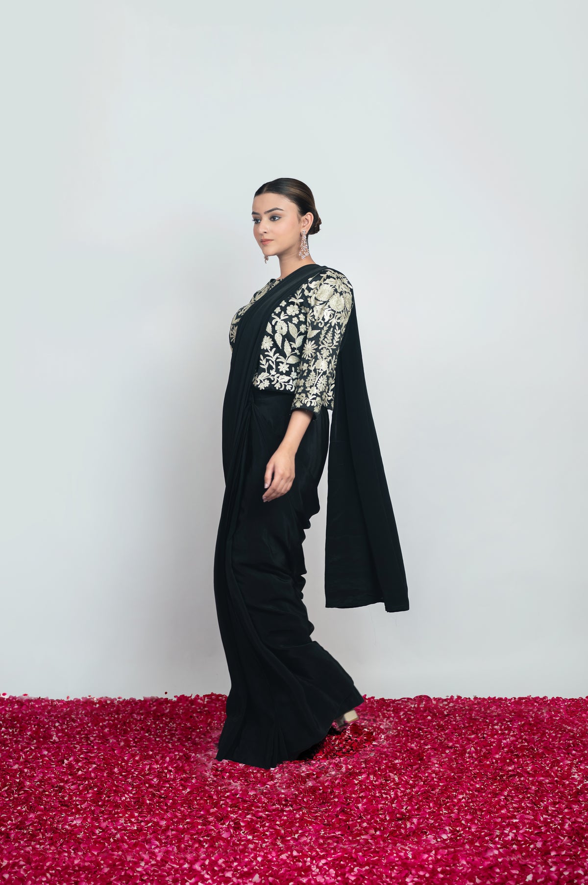 Shab-e-Gul | Noir Black Satin Embroidered Draped Saree