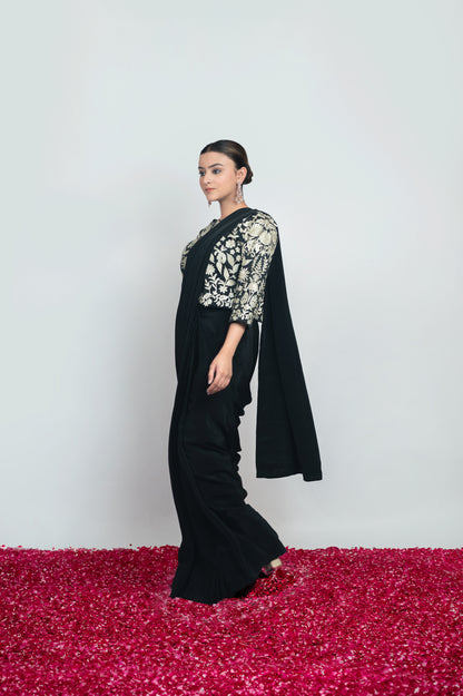 Shab-e-Gul | Noir Black Satin Embroidered Draped Saree