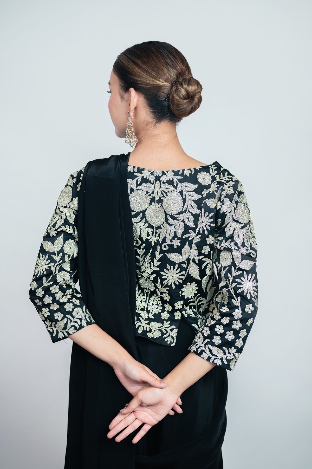 Shab-e-Gul | Noir Black Satin Embroidered Draped Saree