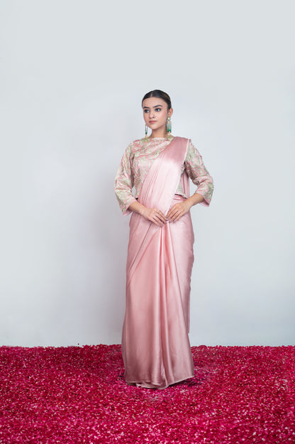 Gulabi Mahtaab | Powder Pink Satin Embroidered Draped Saree