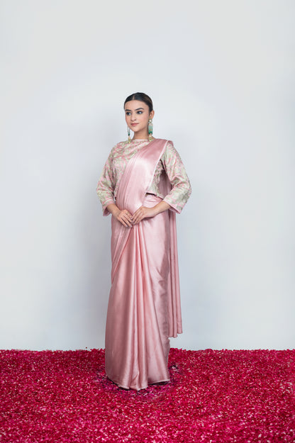 Gulabi Mahtaab | Powder Pink Satin Embroidered Draped Saree