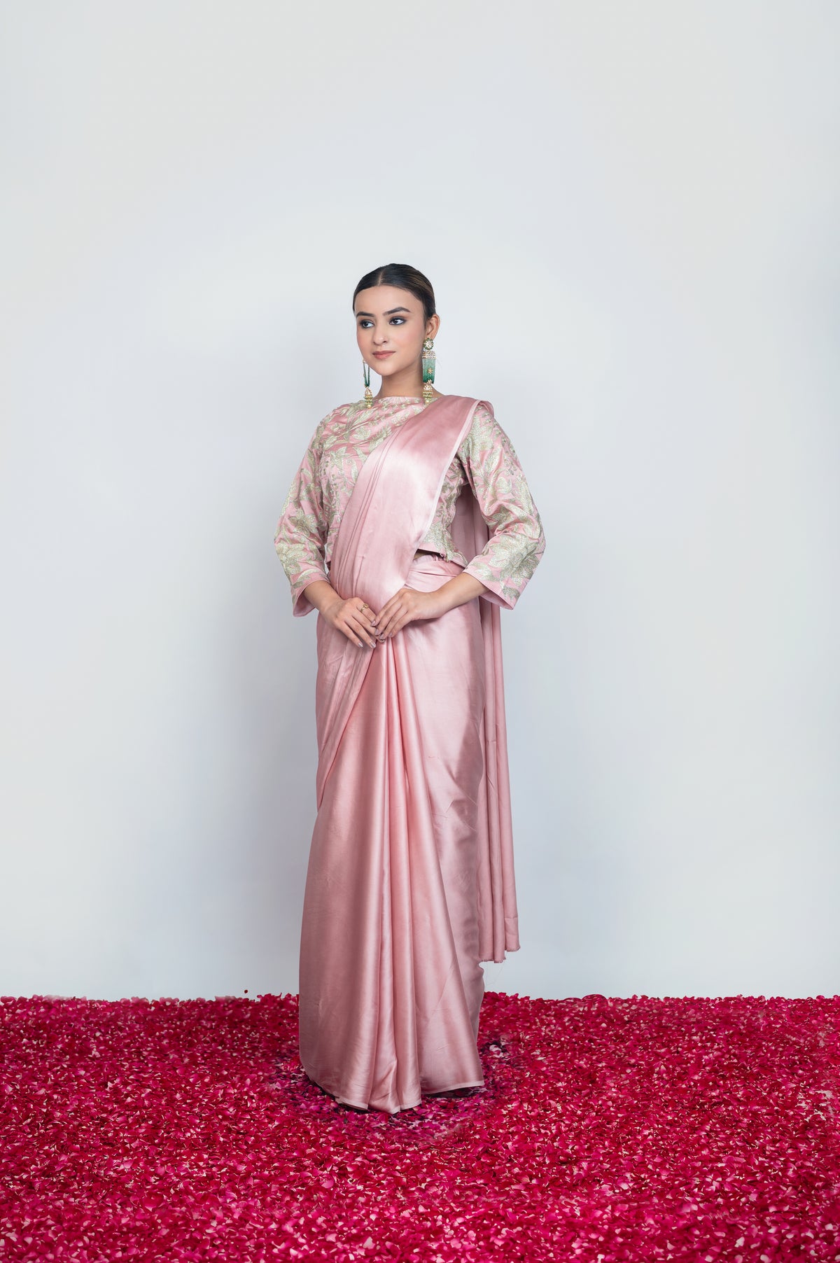 Gulabi Mahtaab | Powder Pink Satin Embroidered Draped Saree