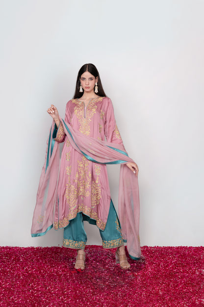 Gul-e-Shafaq | Pink & Blue Satin Embroidered Suit