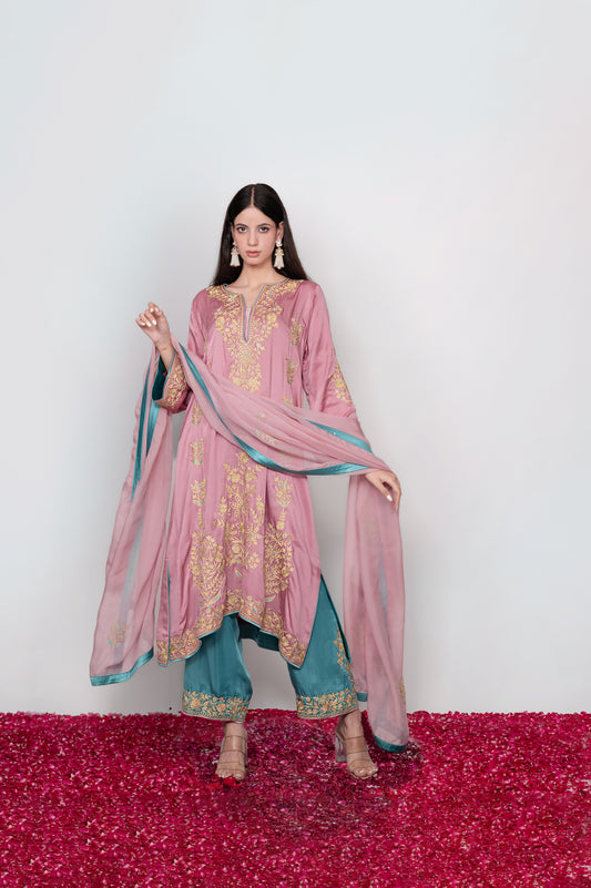 Gul-e-Shafaq | Pink & Blue Satin Embroidered Suit