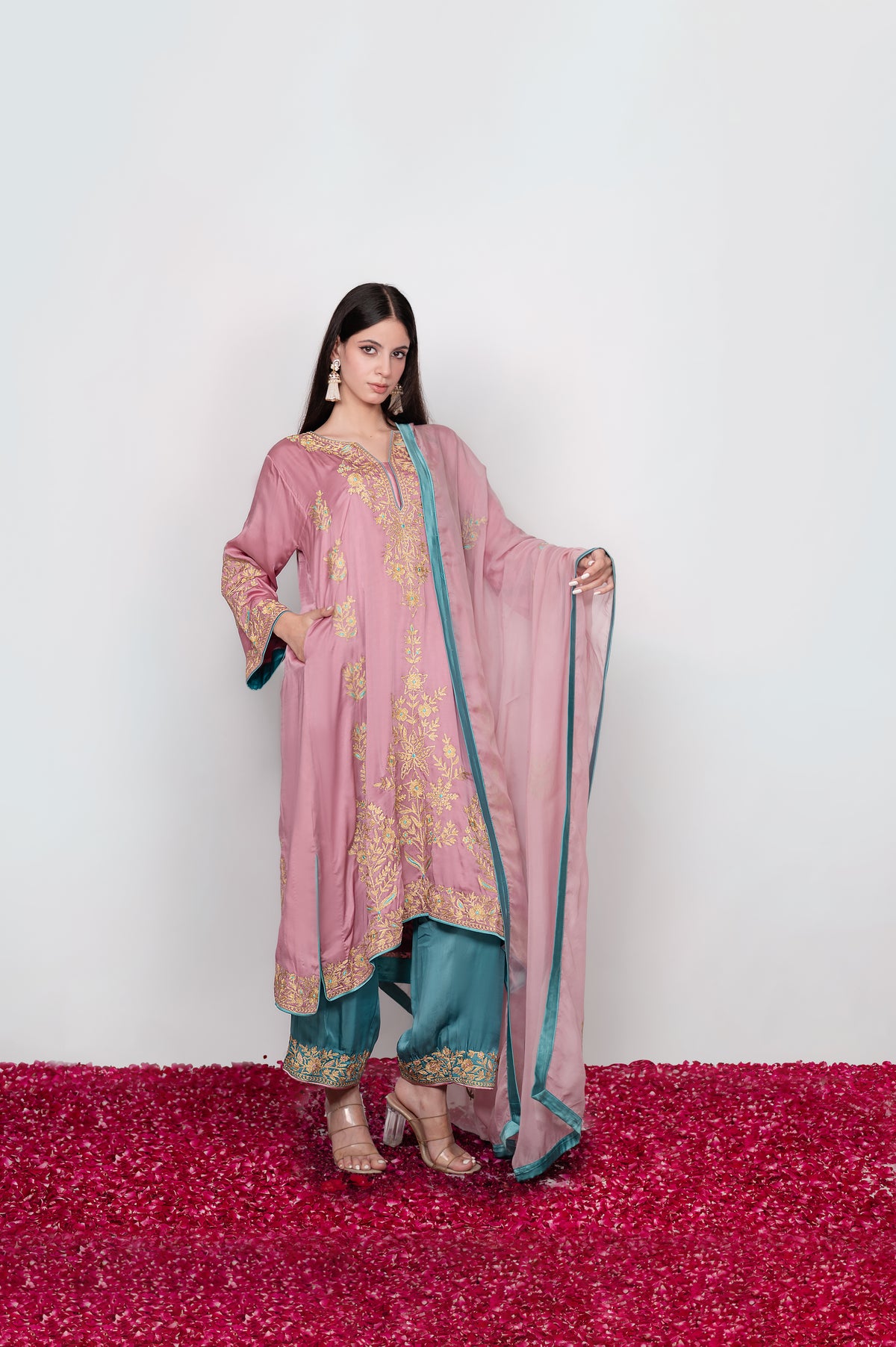 Gul-e-Shafaq | Pink & Blue Satin Embroidered Suit