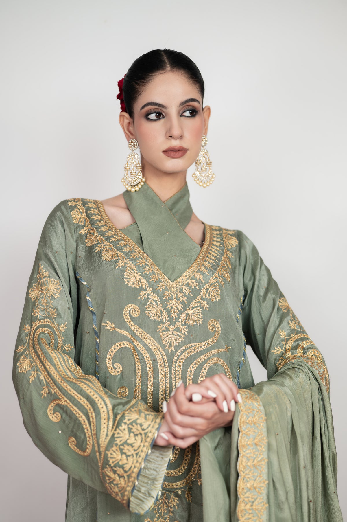 Saba-e-Shaam | Powder Grey Mukaish Embroidered Suit