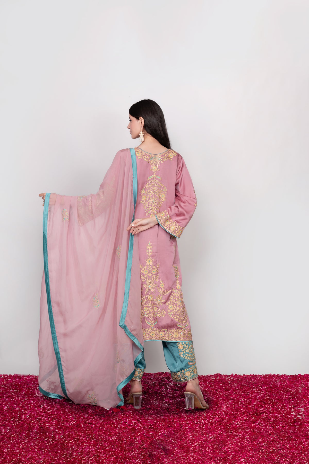 Gul-e-Shafaq | Pink & Blue Satin Embroidered Suit