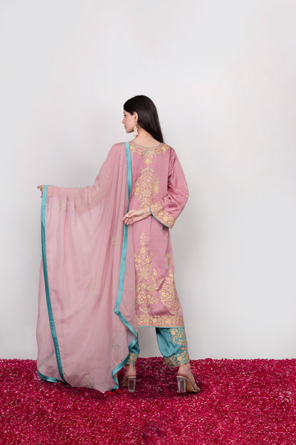 Gul-e-Shafaq | Pink & Blue Satin Embroidered Suit