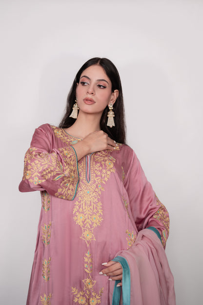 Gul-e-Shafaq | Pink & Blue Satin Embroidered Suit