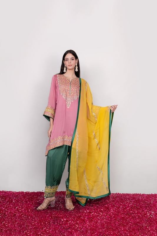 Gulnaar-e-Shaam | Pink, Green & Yellow Embroidered Pheran Suit
