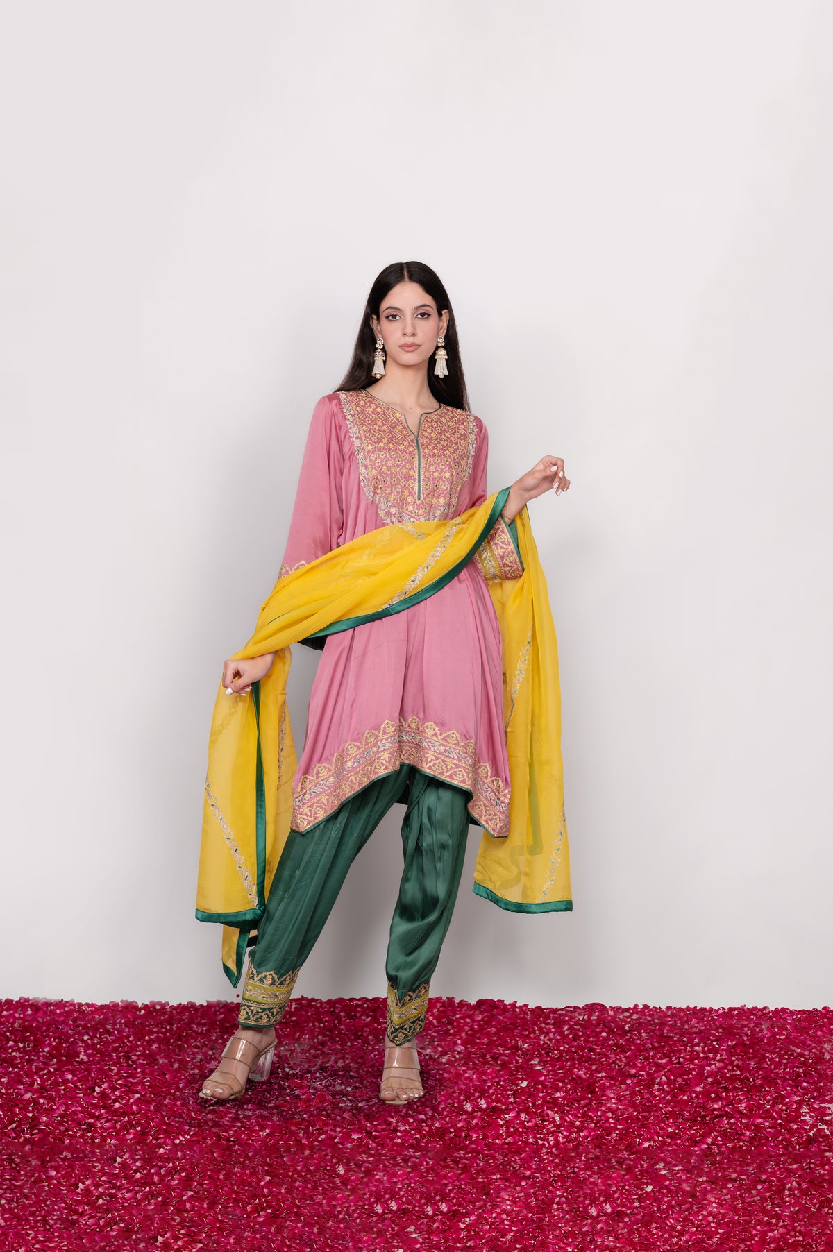 Gulnaar-e-Shaam | Pink, Green & Yellow Embroidered Pheran Suit