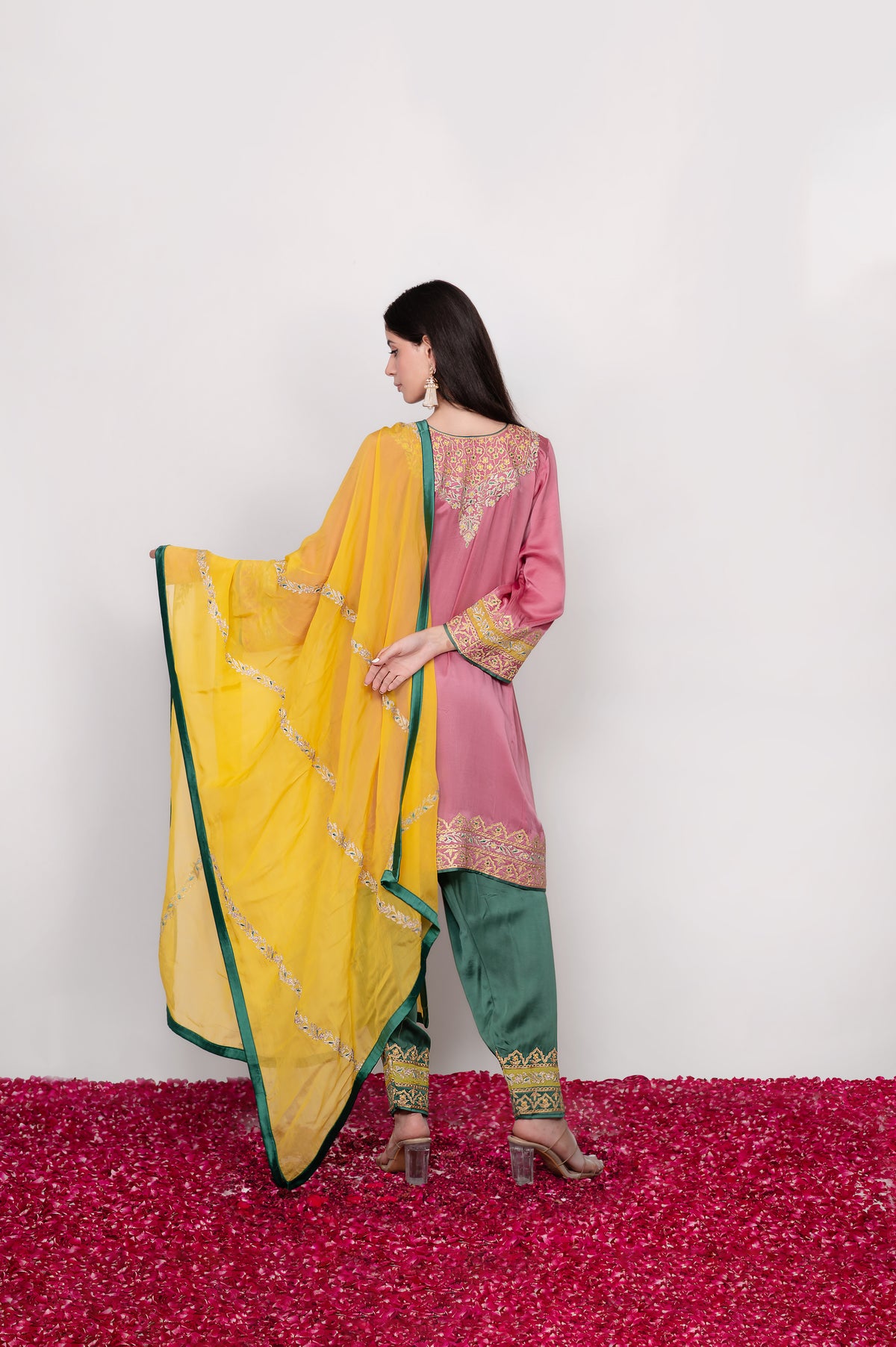 Gulnaar-e-Shaam | Pink, Green & Yellow Embroidered Pheran Suit