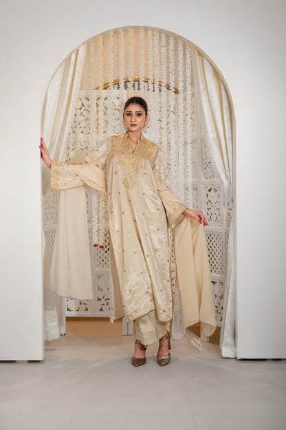 Nazneen | Ivory Embroidered Kashmiri Gala Suit