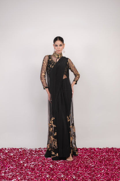Tilla-e-Shab | Carbon Black Embroidered Saree With Jacket