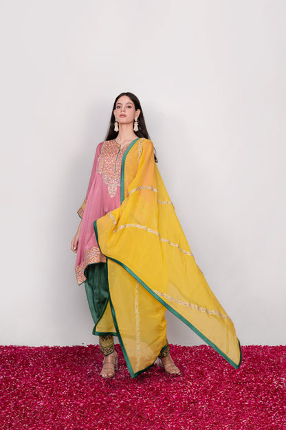 Gulnaar-e-Shaam | Pink, Green & Yellow Embroidered Pheran Suit