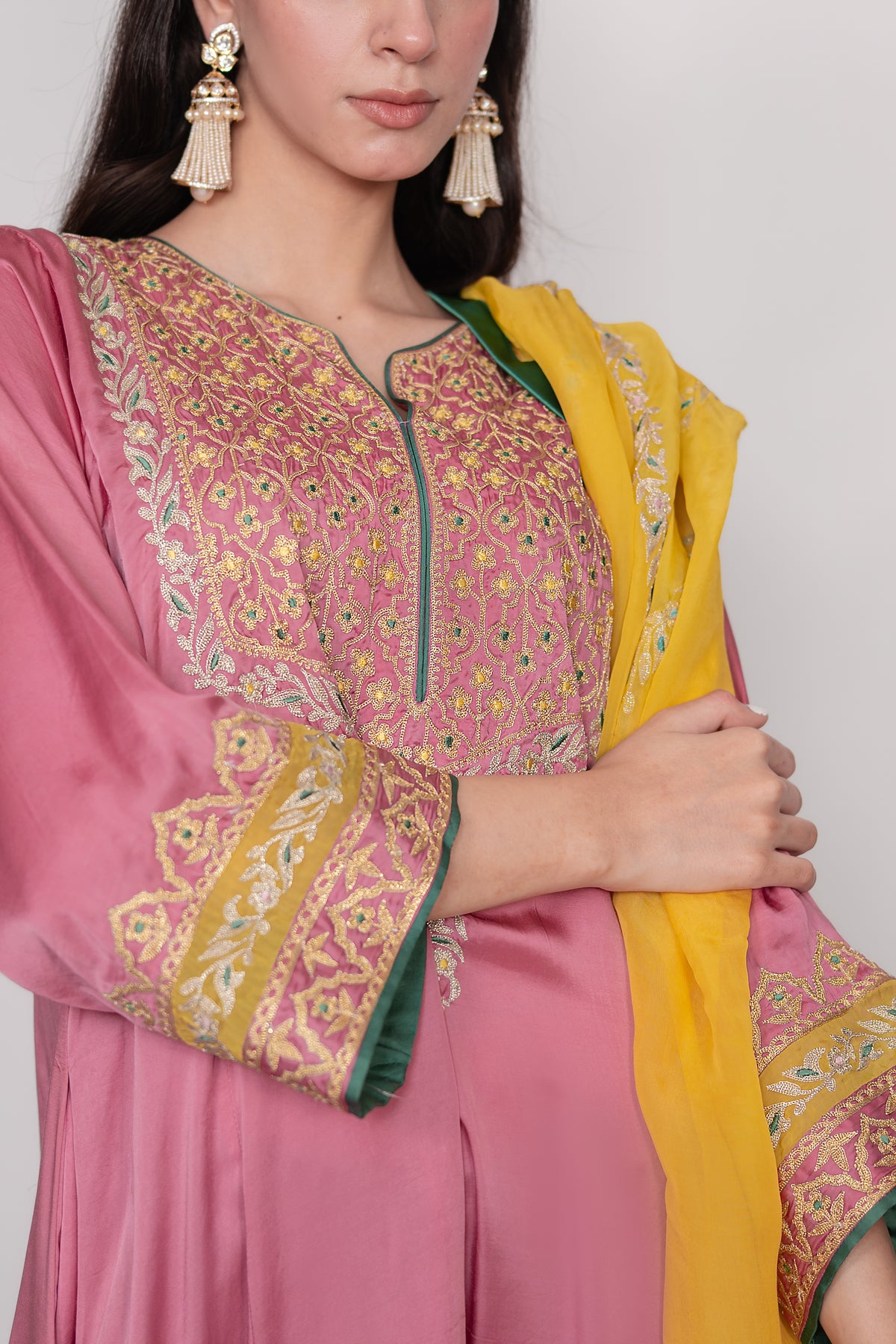 Gulnaar-e-Shaam | Pink, Green & Yellow Embroidered Pheran Suit