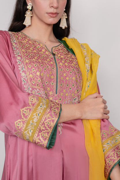 Gulnaar-e-Shaam | Pink, Green & Yellow Embroidered Pheran Suit