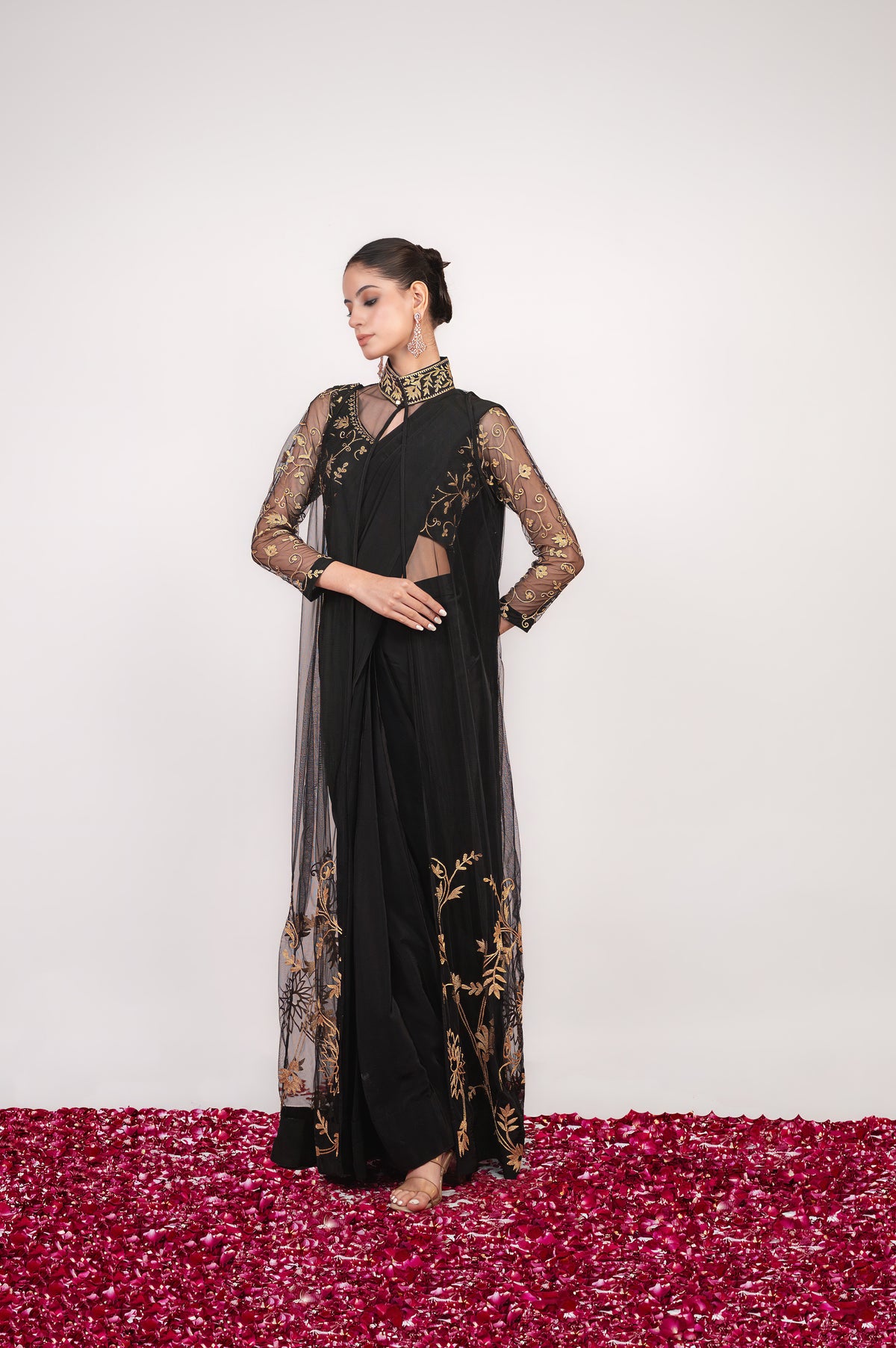 Tilla-e-Shab | Carbon Black Embroidered Saree With Jacket